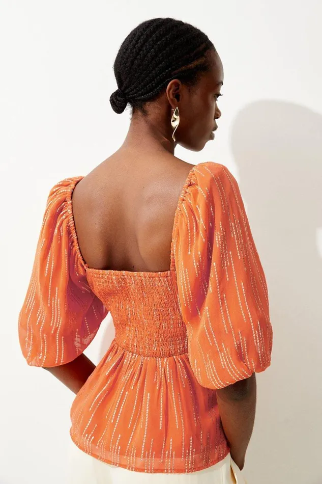 Tops Women Karen Millen Sparkle Iridescent Puff Sleeve Woven Blouse Rust