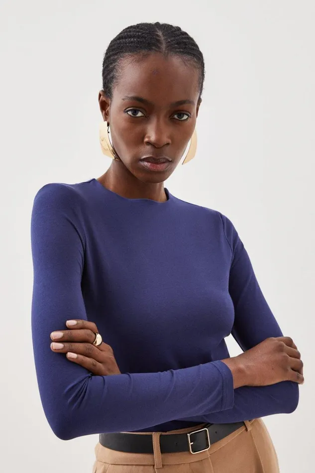 Tops Women Karen Millen Stretch Cotton Crew Neck Long Sleeve Top Navy