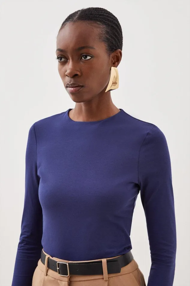 Tops Women Karen Millen Stretch Cotton Crew Neck Long Sleeve Top Navy