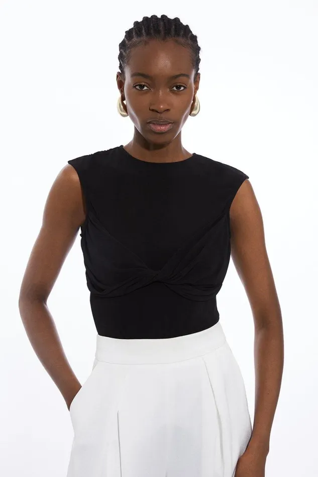 Tops Women Karen Millen Twist Bodice Drapey Crepe Jersey Bodysuit Black