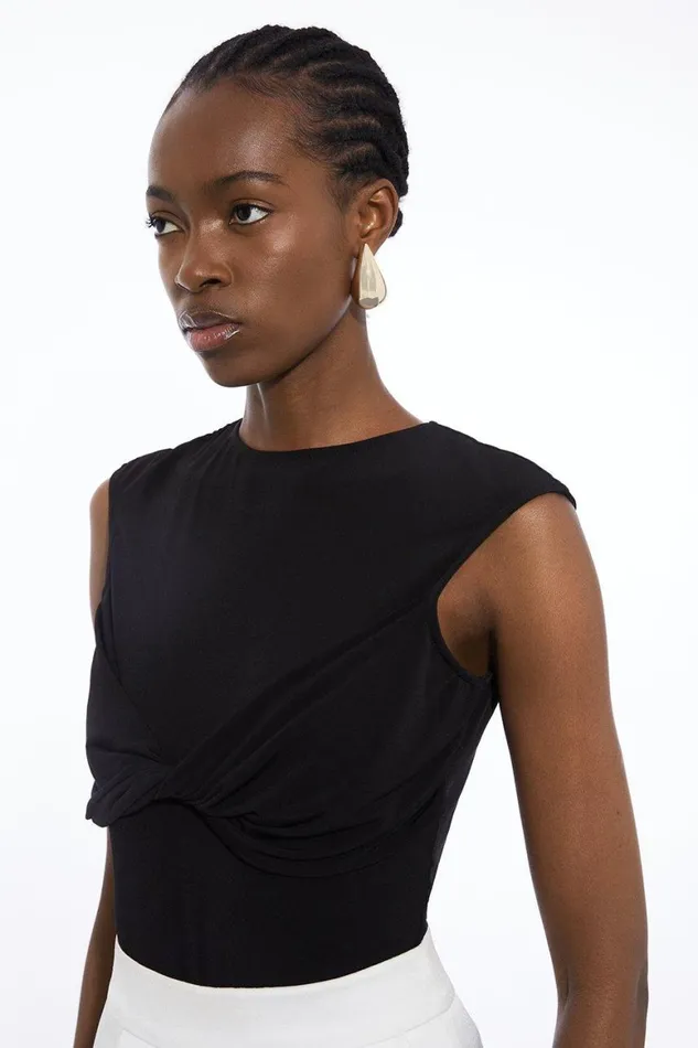 Tops Women Karen Millen Twist Bodice Drapey Crepe Jersey Bodysuit Black