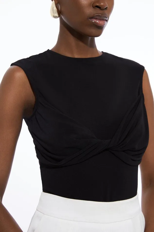 Tops Women Karen Millen Twist Bodice Drapey Crepe Jersey Bodysuit Black