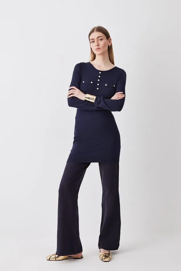 Tops Women Karen Millen Viscose Blend Knitted Button Detail Tunic Navy