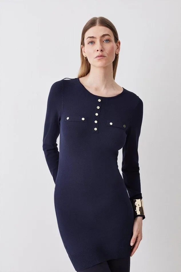 Tops Women Karen Millen Viscose Blend Knitted Button Detail Tunic Navy