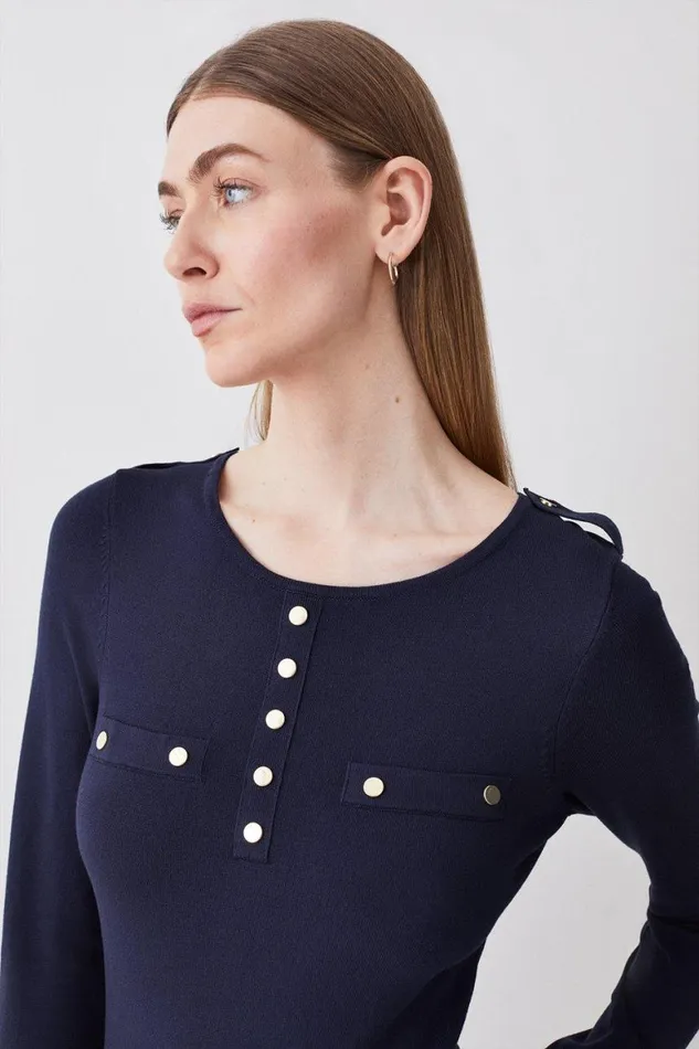 Tops Women Karen Millen Viscose Blend Knitted Button Detail Tunic Navy