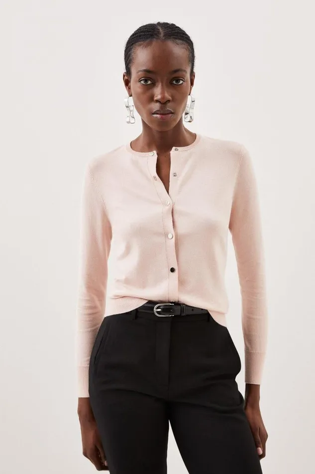 Tops Women Karen Millen Viscose Blend Knitted Crew Neck Cardigan Soft Pink