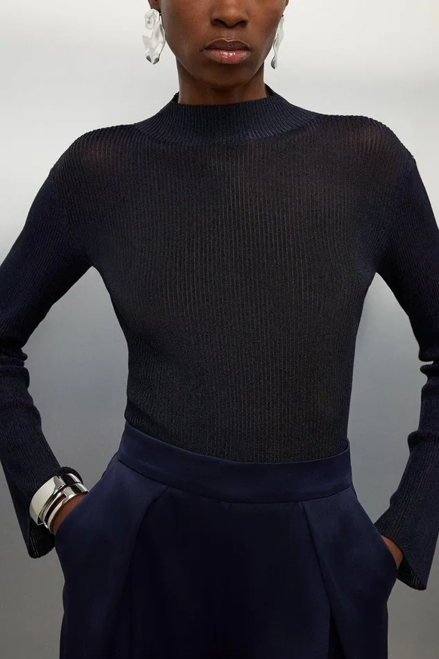 Tops Women Karen Millen Viscose Blend Metallic Sparkle Skinny Turtle Neck Knit Top Navy