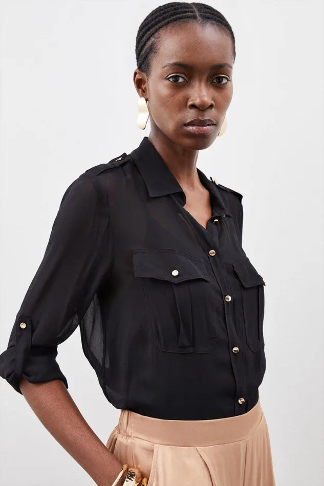 Tops Women Karen Millen Viscose Button Through Woven Shirt Black