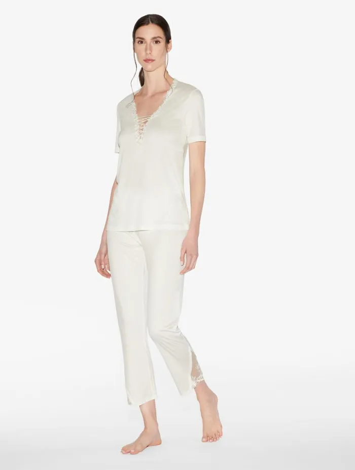 Trousers In Offwhite Modal With Embroidered Tulle Sleepwear La Perla Pajamas