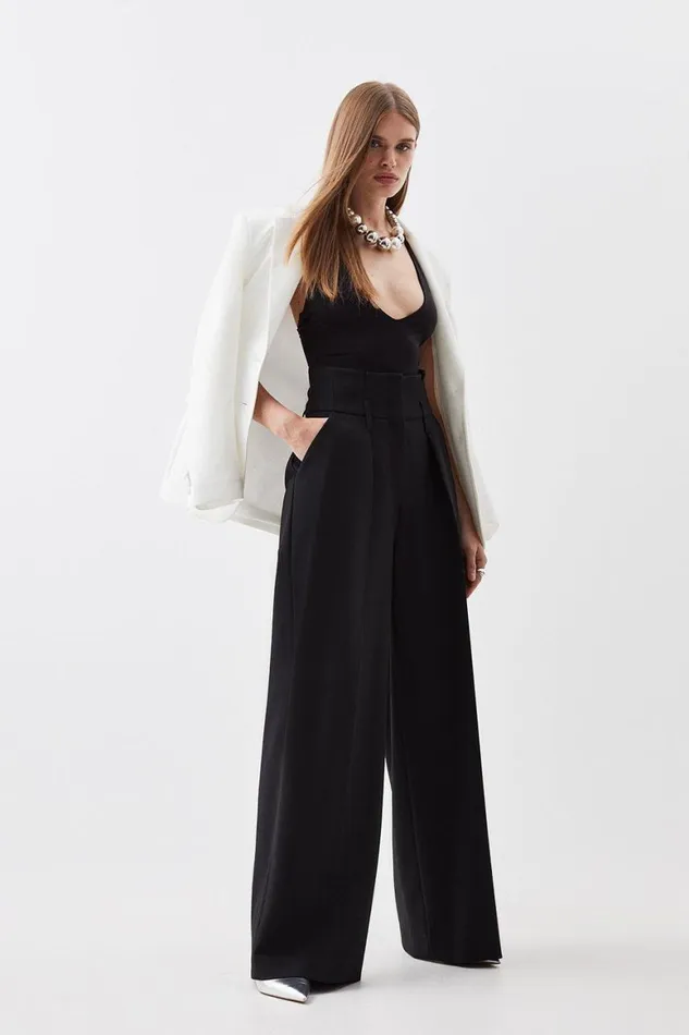 Trousers Women Karen Millen Compact Stretch Tailored High Waist Wide Leg Black