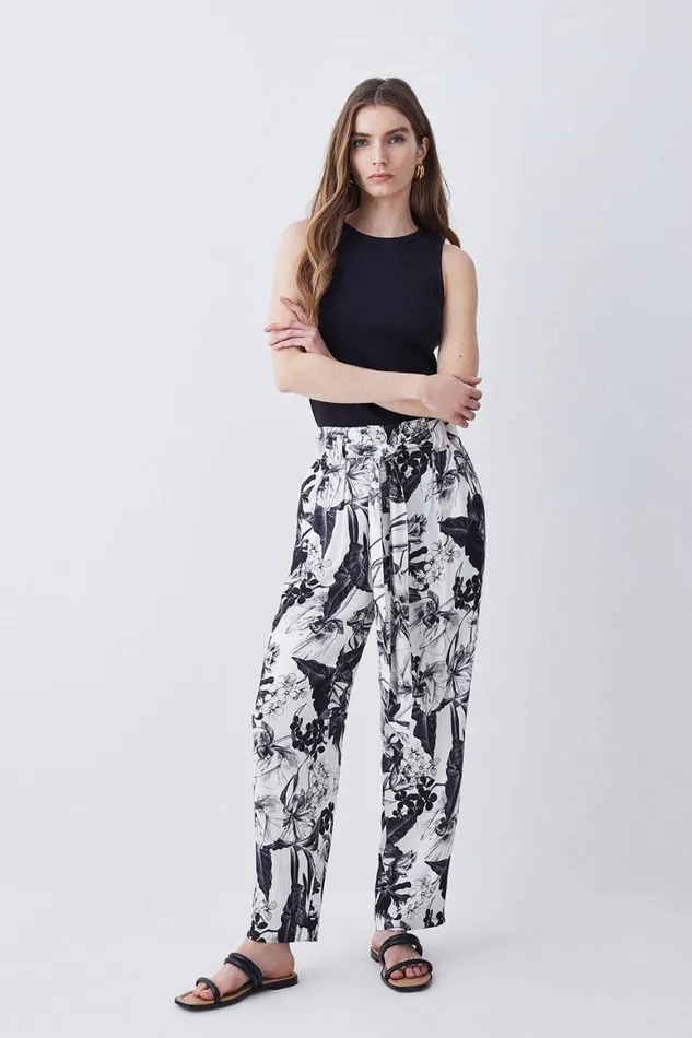 Trousers Women Karen Millen Floral Batik Premium Linen Viscose Woven Trouser Mono