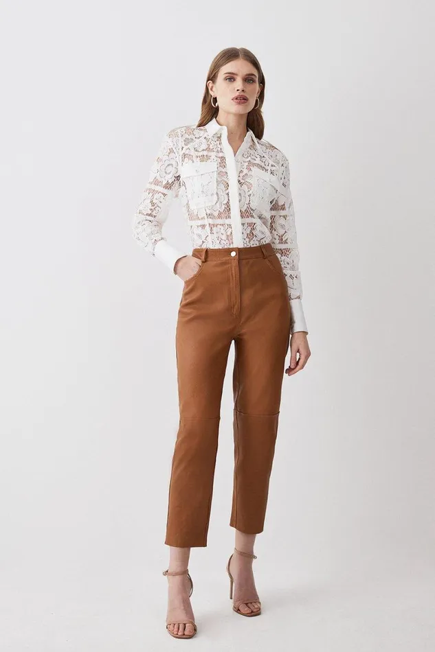 Trousers Women Karen Millen Lydia Millen Stretch Leather Slim Leg Trousers Tan