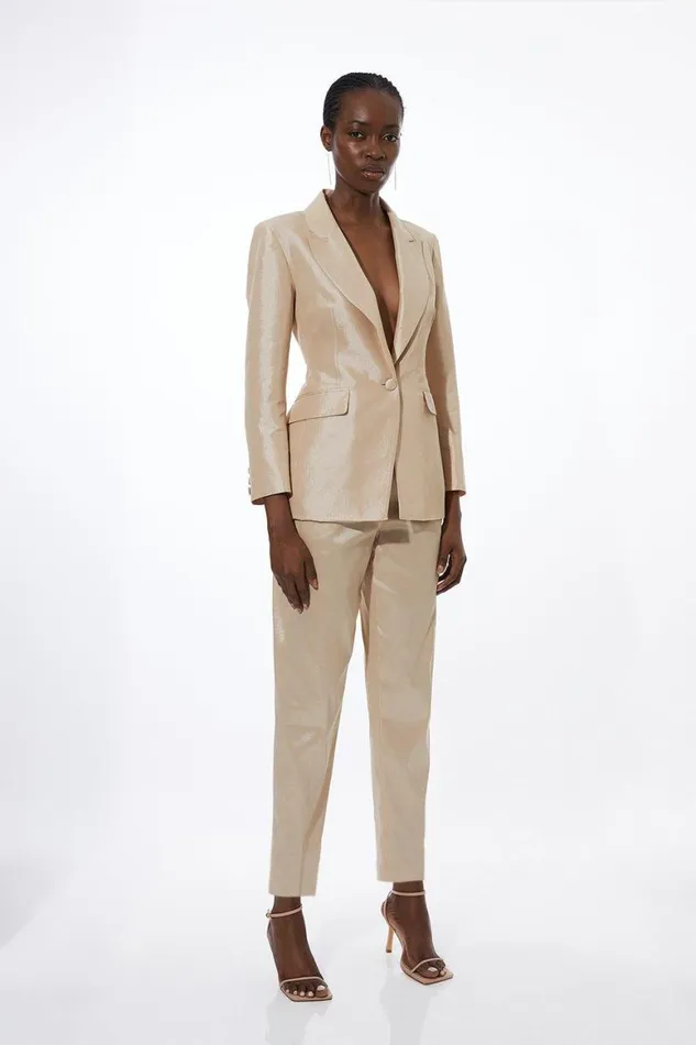 Trousers Women Karen Millen Metallic Taffeta Slim Leg Tailored Trousers Champagne