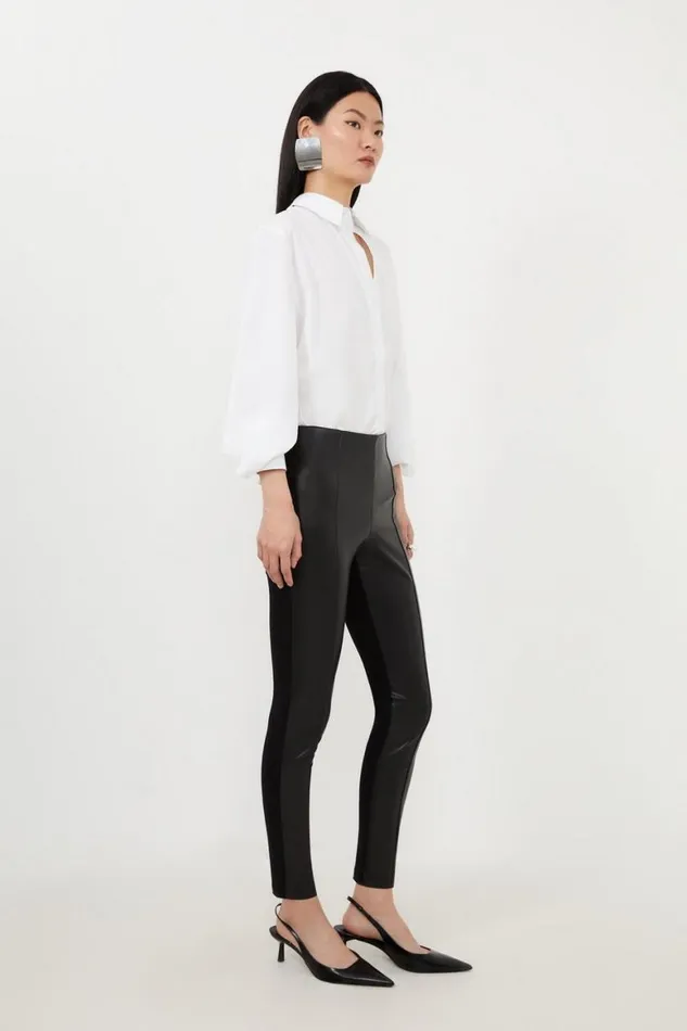 Trousers Women Karen Millen Petite Faux Leather And Ponte Leggings Black