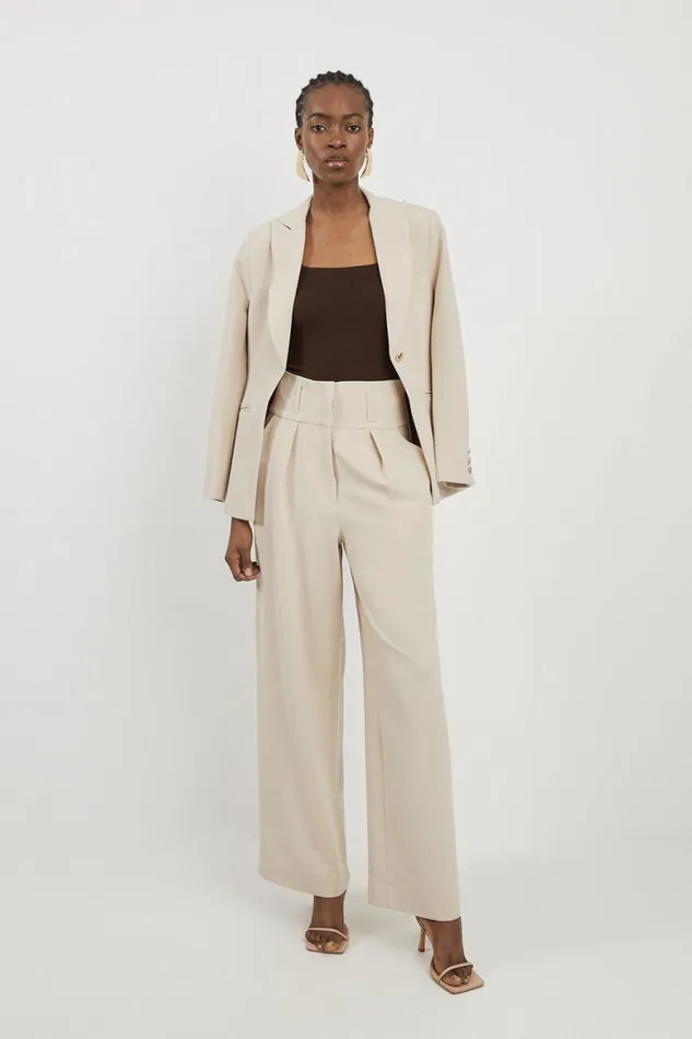 Trousers Women Karen Millen Petite Tailored High Waisted Pleated Wide Leg Trousers Beige