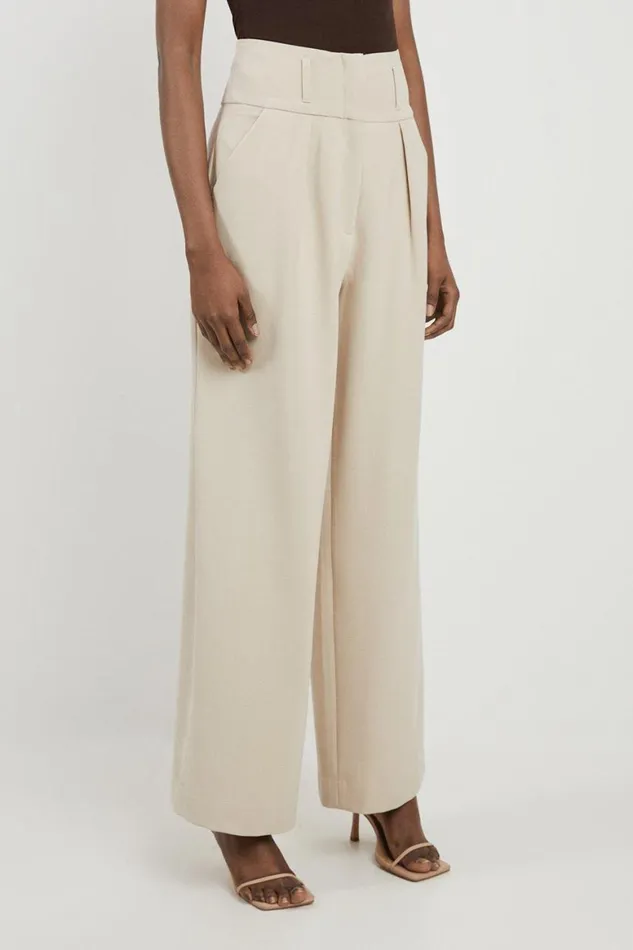 Trousers Women Karen Millen Petite Tailored High Waisted Pleated Wide Leg Trousers Beige