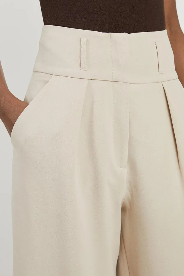 Trousers Women Karen Millen Petite Tailored High Waisted Pleated Wide Leg Trousers Beige