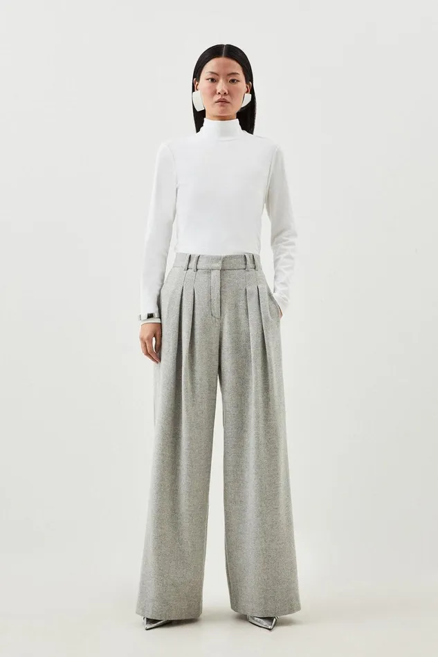 Trousers Women Karen Millen Petite Tailored Wool Blend Double Faced Wide Leg Trousers Pale Grey