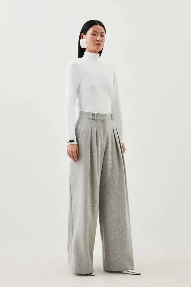 Trousers Women Karen Millen Petite Tailored Wool Blend Double Faced Wide Leg Trousers Pale Grey