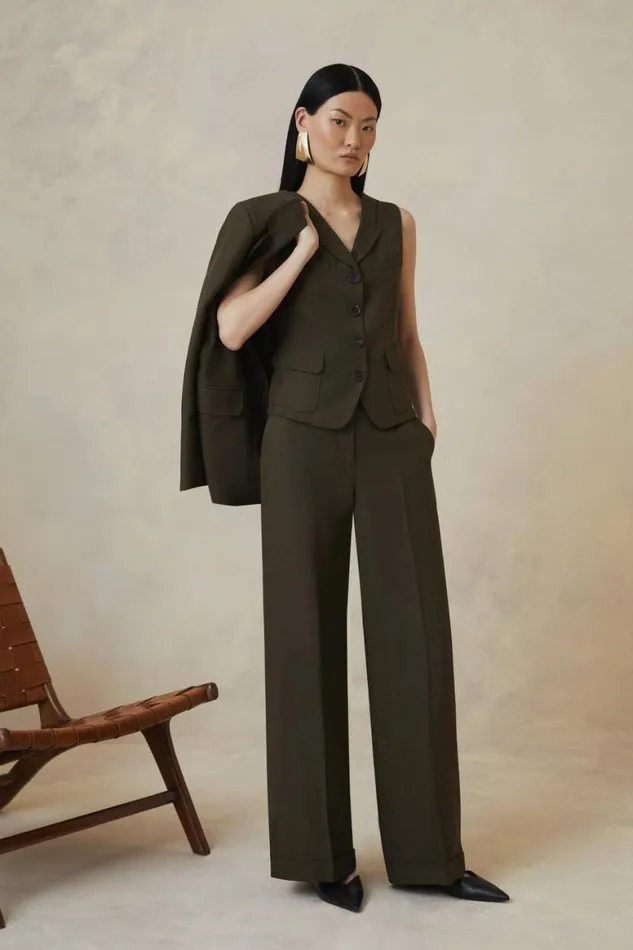 Trousers Women Karen Millen Petite The Founder Premium Tailored Tencel Linen Straight Trousers Khaki