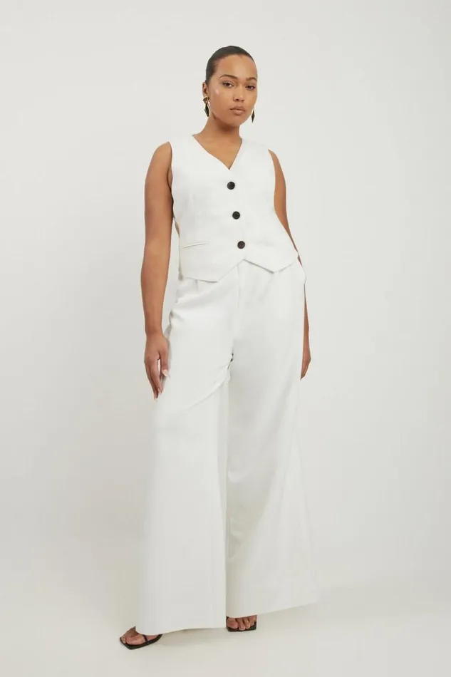 Trousers Women Karen Millen Plus Size Clean Tailored Grosgrain Tipped Wide Leg Trousers Ivory