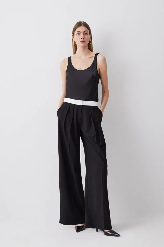 Trousers Women Karen Millen Polished Low Waist Pleat Wide Leg Trousers Black