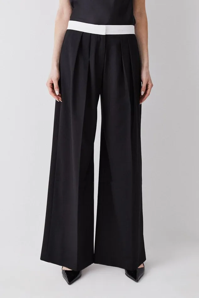 Trousers Women Karen Millen Polished Low Waist Pleat Wide Leg Trousers Black