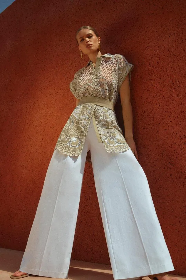 Trousers Women Karen Millen Premium Tailored Linen Mid Rise Wide Leg Trousers Ivory