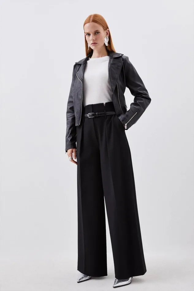 Trousers Women Karen Millen Tailored Compact Stretch High Waist Wide Leg Trousers Black
