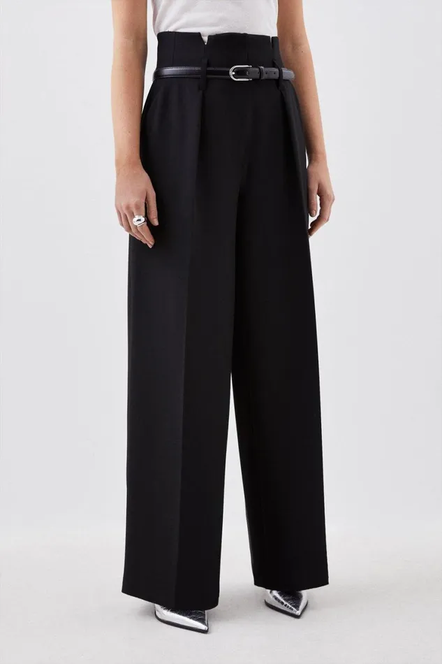 Trousers Women Karen Millen Tailored Compact Stretch High Waist Wide Leg Trousers Black