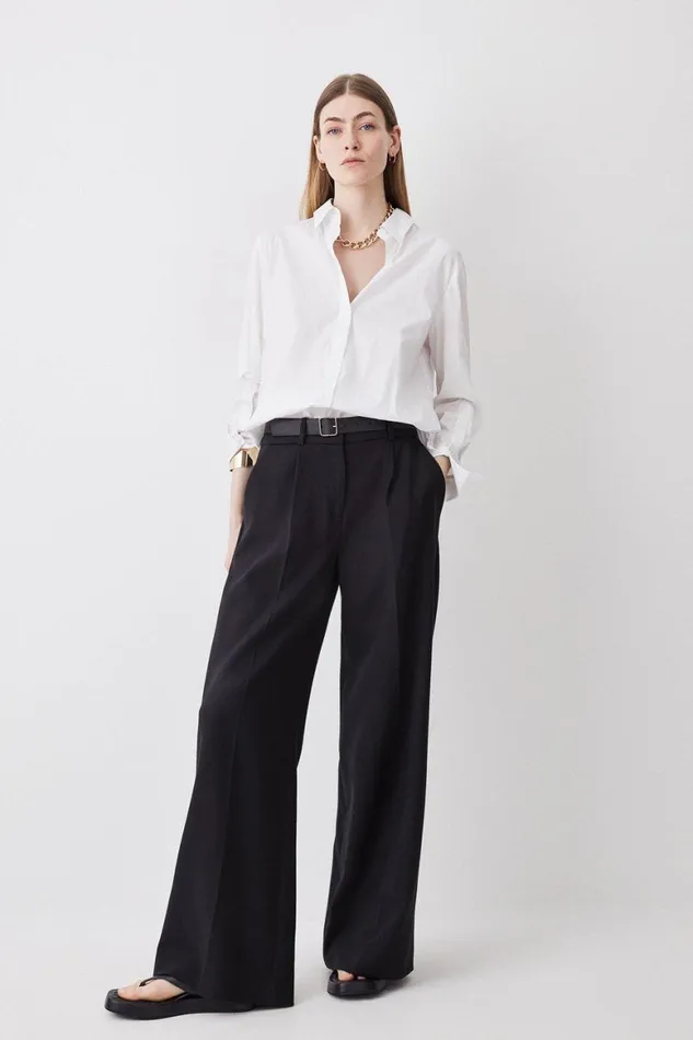 Trousers Women Karen Millen Tall Compact Stretch Belted Wide Leg Trousers Black