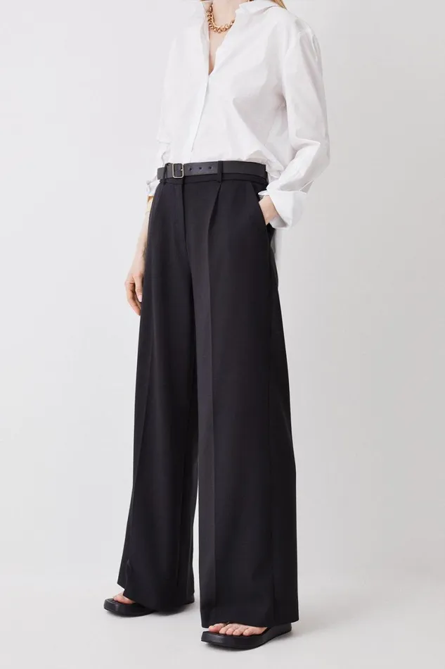 Trousers Women Karen Millen Tall Compact Stretch Belted Wide Leg Trousers Black
