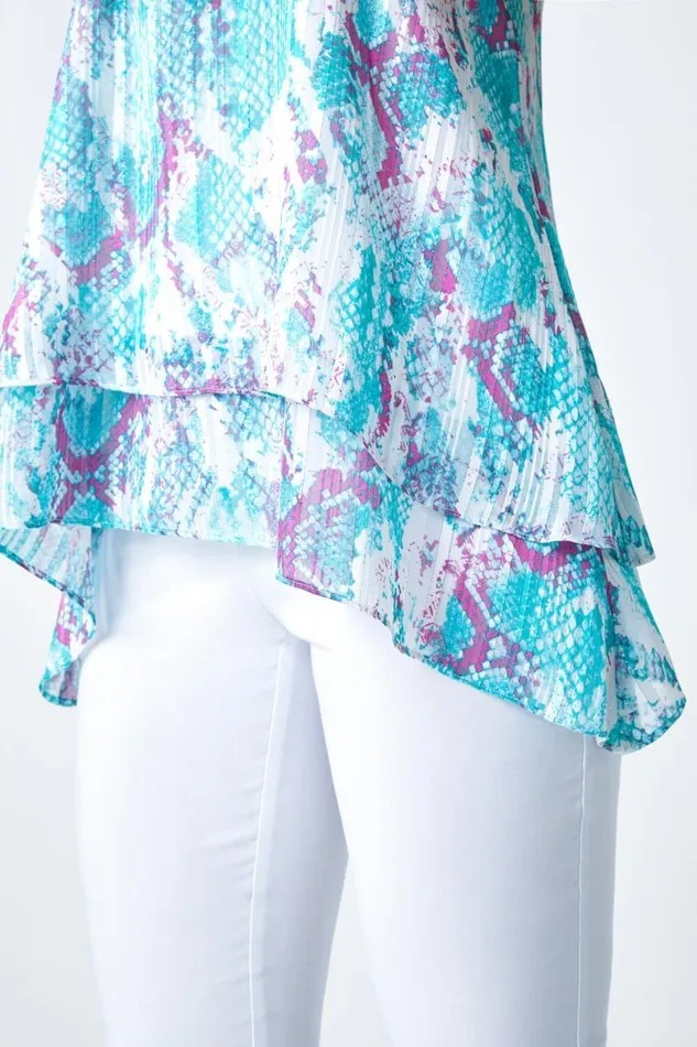 Turquoise Animal Print Shimmer Detail VNeck Vest Top Women Roman Tops