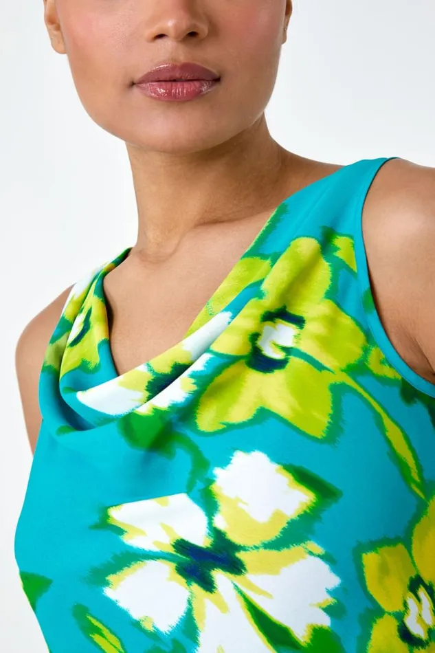 Turquoise Floral Print Cowl Neck Top Women Roman Tops