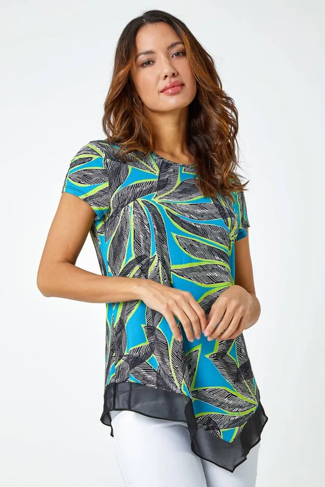 Turquoise Palm Leaf Chiffon Hem Asymmetric Top Women Roman Tops