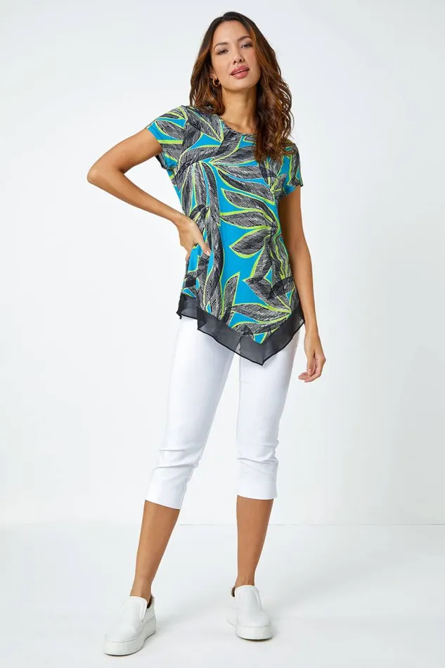 Turquoise Palm Leaf Chiffon Hem Asymmetric Top Women Roman Tops
