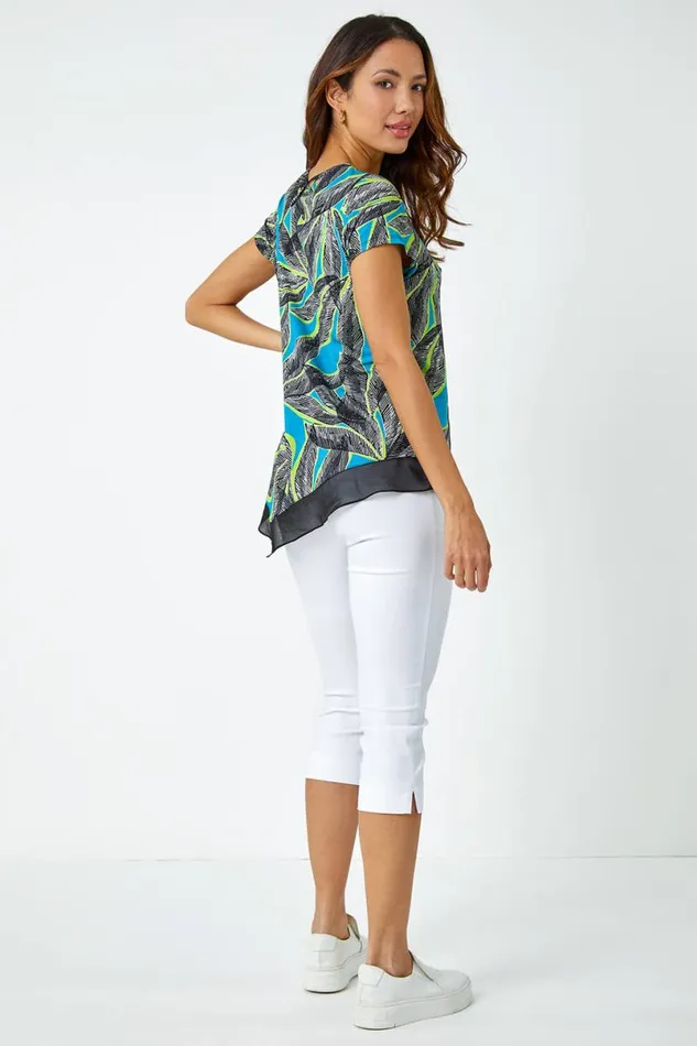 Turquoise Palm Leaf Chiffon Hem Asymmetric Top Women Roman Tops