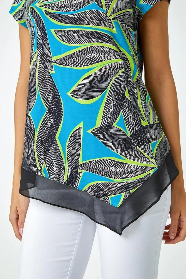 Turquoise Palm Leaf Chiffon Hem Asymmetric Top Women Roman Tops