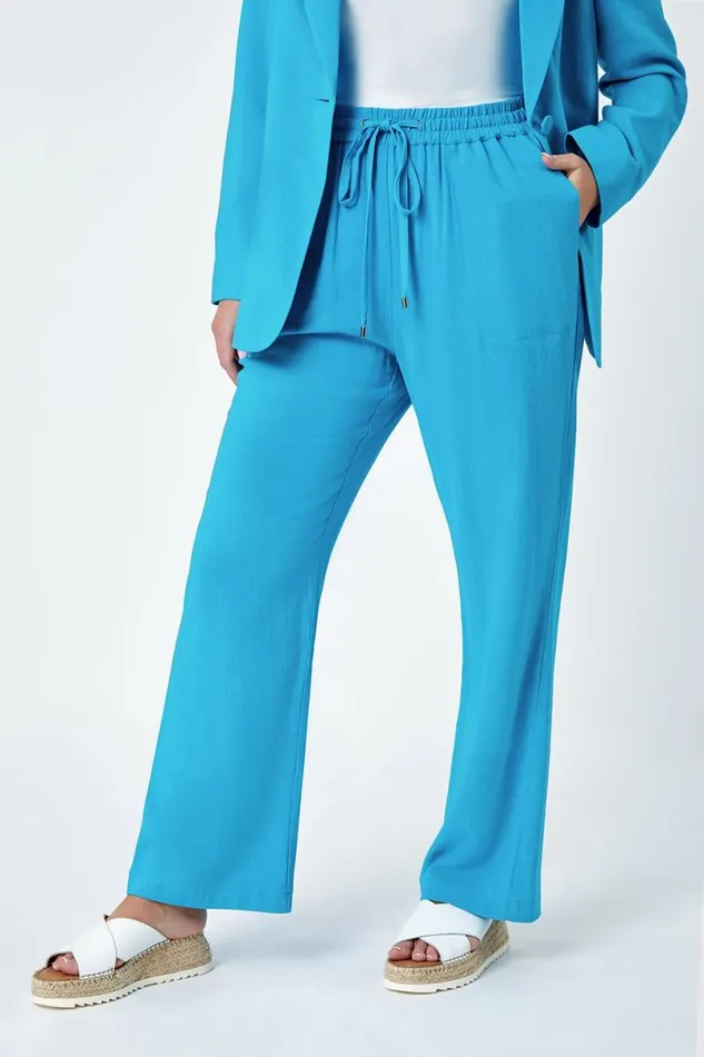 Turquoise Petite Wide Leg Linen Blend Trouser Women Roman Trousers