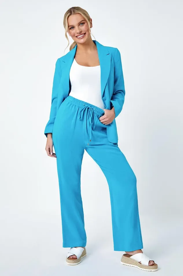Turquoise Petite Wide Leg Linen Blend Trouser Women Roman Trousers