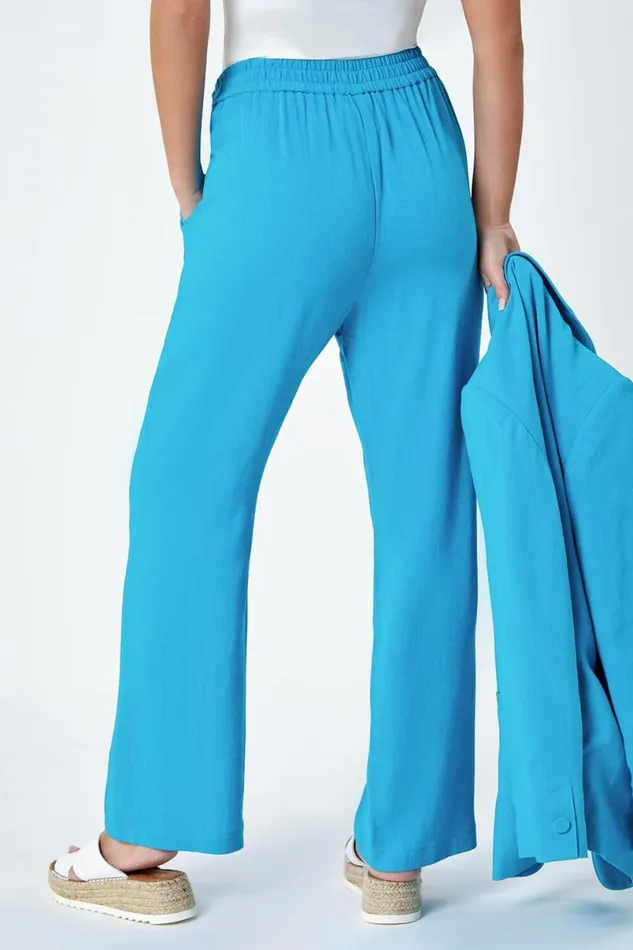 Turquoise Petite Wide Leg Linen Blend Trouser Women Roman Trousers