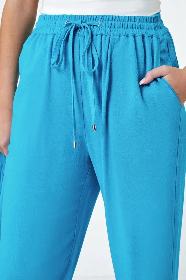Turquoise Petite Wide Leg Linen Blend Trouser Women Roman Trousers