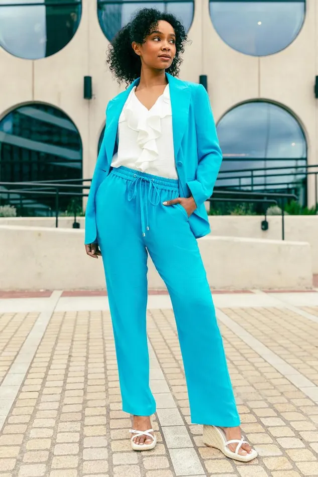 Turquoise Petite Wide Leg Linen Blend Trouser Women Roman Trousers