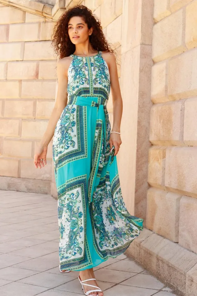 Turquoise Scarf Print Halter Neck Maxi Dress Women Roman Dresses
