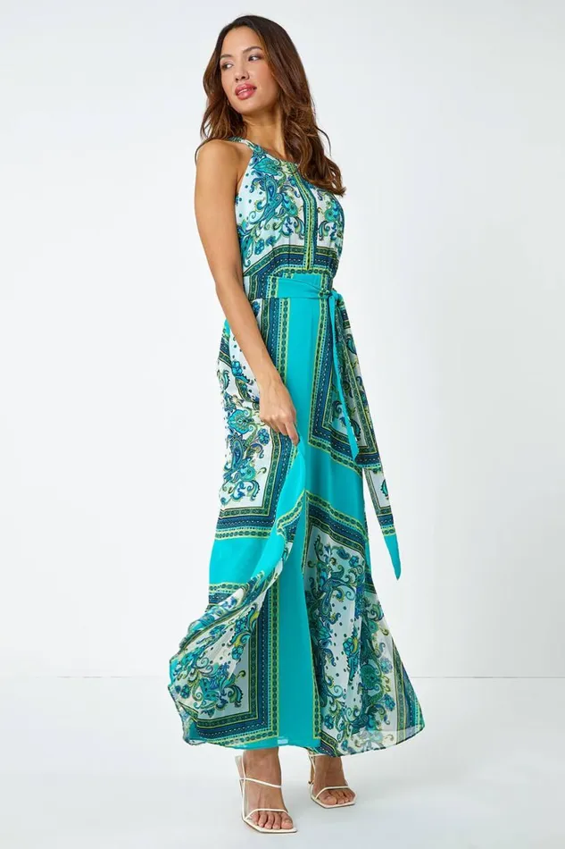 Turquoise Scarf Print Halter Neck Maxi Dress Women Roman Dresses