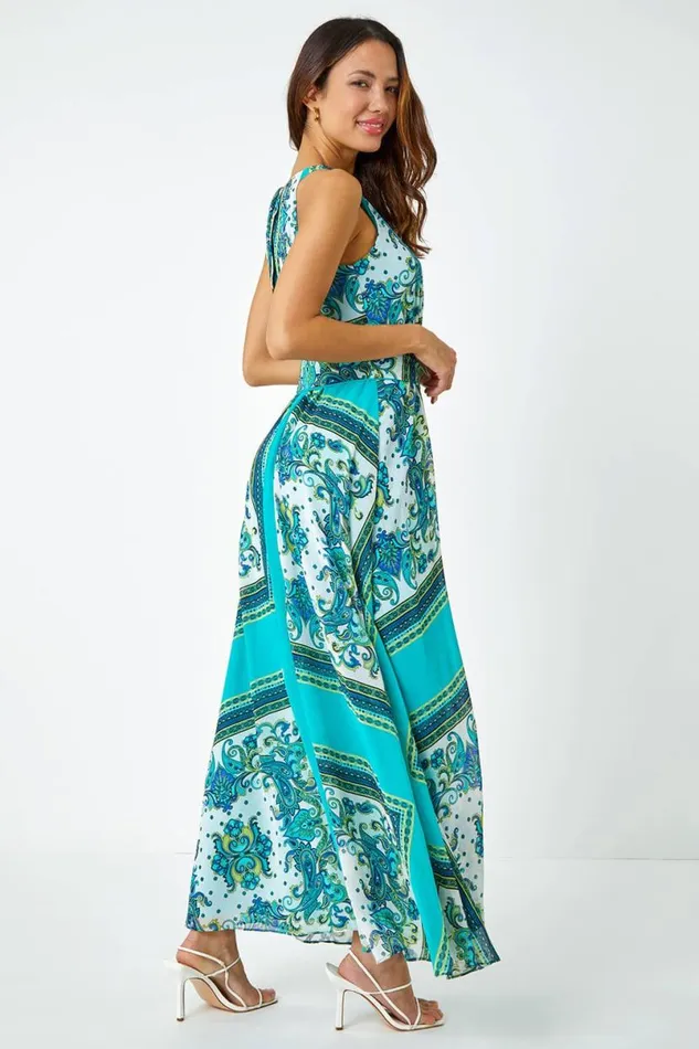 Turquoise Scarf Print Halter Neck Maxi Dress Women Roman Dresses