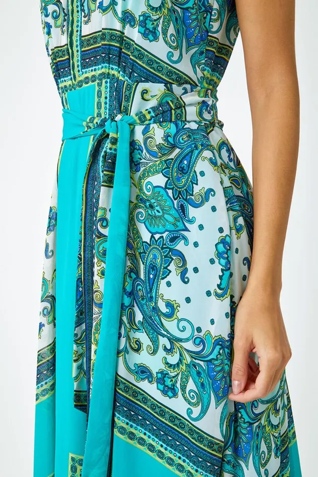 Turquoise Scarf Print Halter Neck Maxi Dress Women Roman Dresses