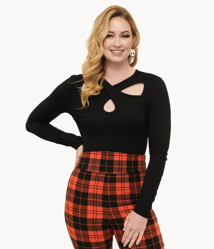Voodoo Vixen 1950s Black Criss Cross Keyhole Top Clothing Unique Vintage Blouses