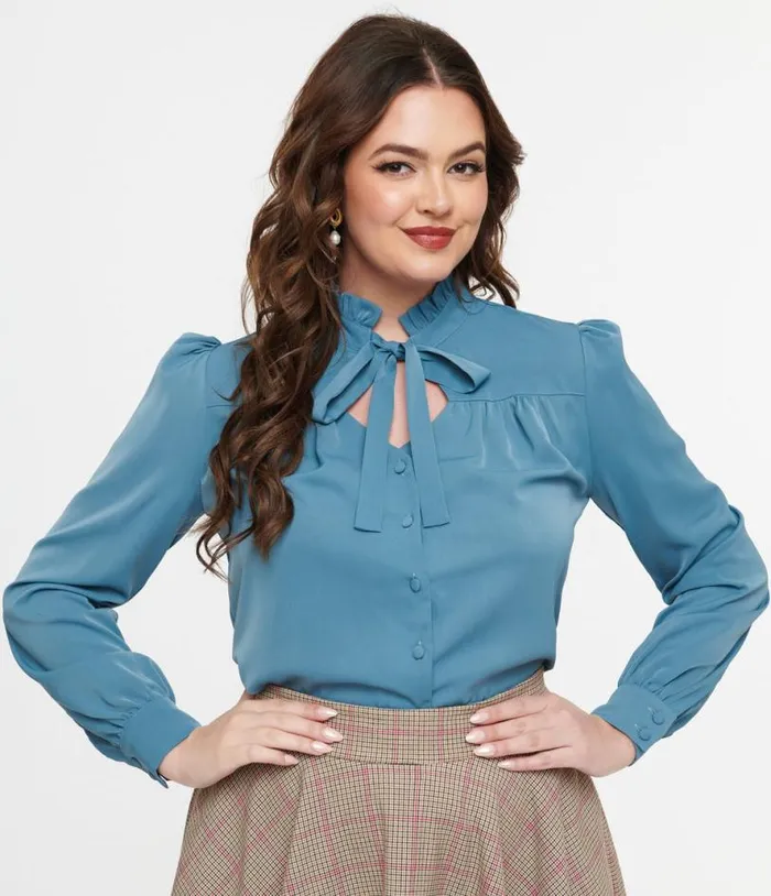 Voodoo Vixen 1950s Blue Keyhole Tie Neck Blouse ClothingPlus Unique Vintage Blouses