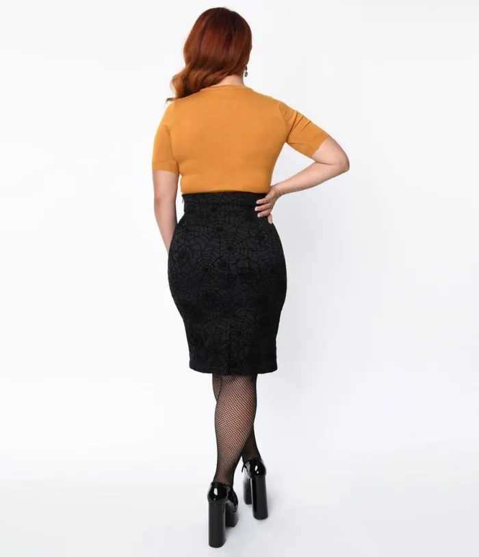 Voodoo Vixen Black Floral Spiderweb Pencil Skirt ClothingHalloweenPlus Unique Vintage Skirts